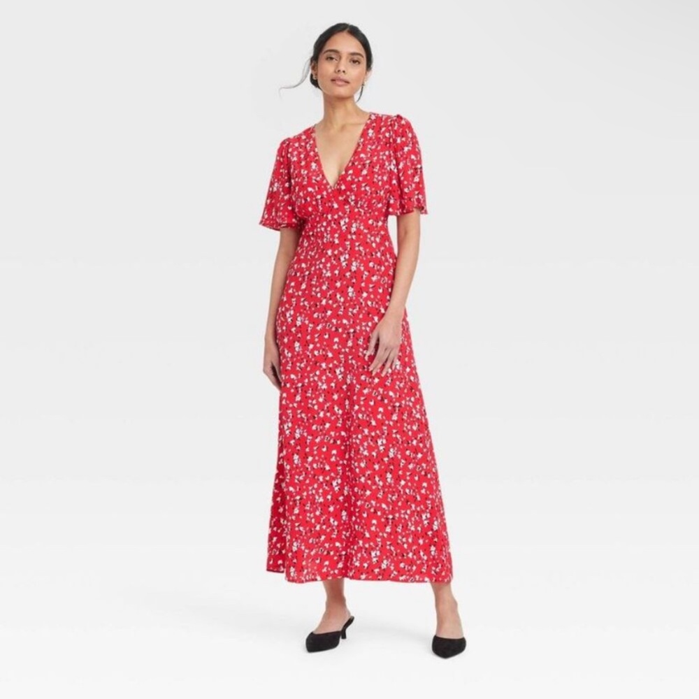 A New Day - Women's Short Sleeve Maxi Sundress Red Floral